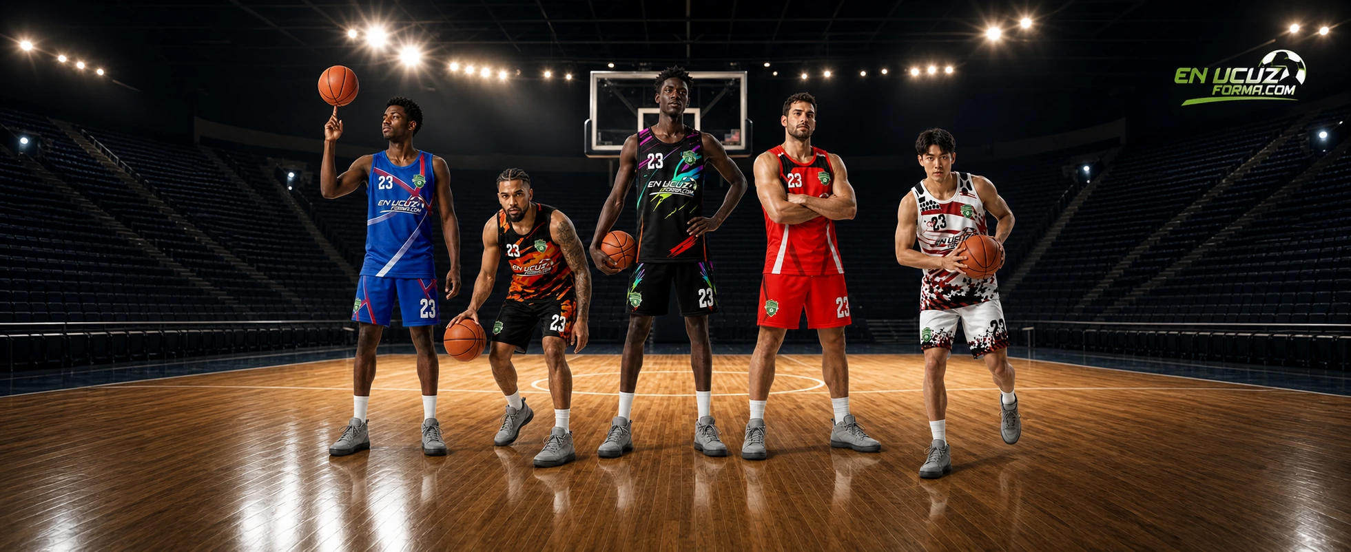 Basketbol sahasında farklı En Ucuz Forma modellerini giyen basketbolcular